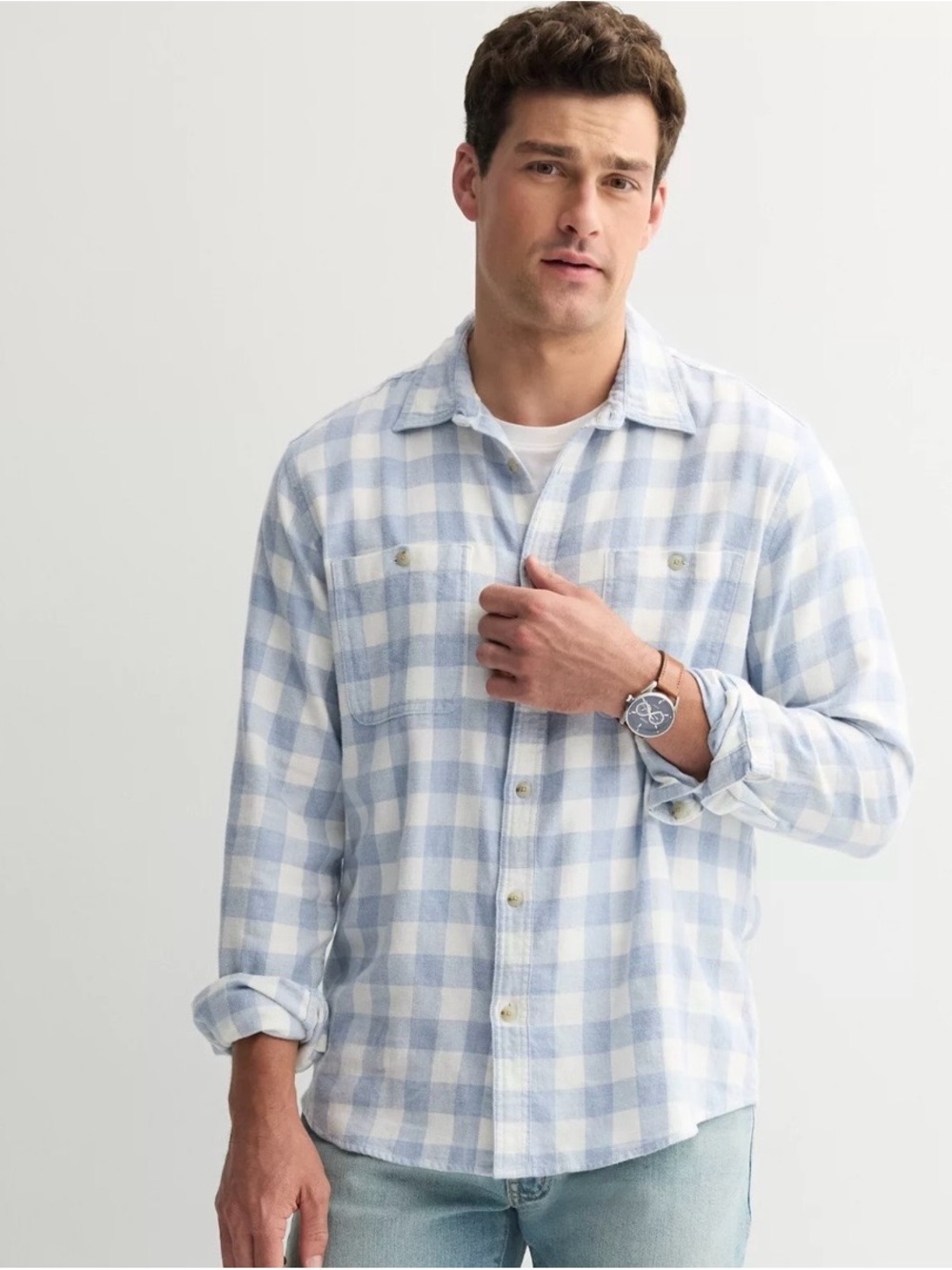 SONOMA Light Blue and White Plaid Casual Button-Down Shirt